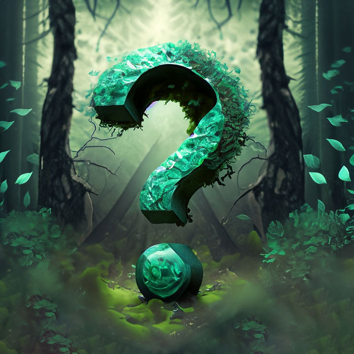 Grosso punto interrogativo nel mezzo di una foresta