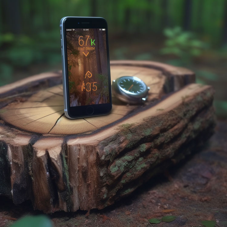 Smartphone appoggiato in verticale su un ceppo di legno
